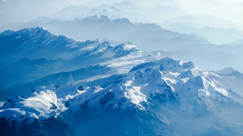 Blue glaciers and mountains.